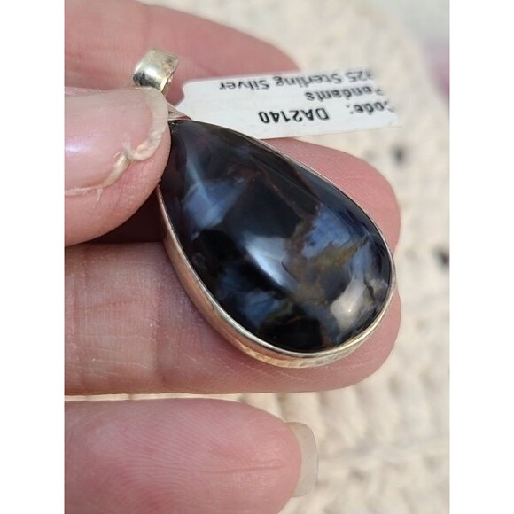 Sterling Silver Pietersite Pendant Teardrop Gemstone 925 Swirling Blue & Gold - Picture 5 of 6